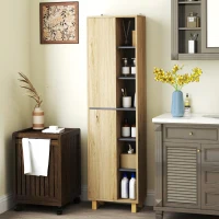 HOMCOM Mueble columna baño armario baño con 6 compartimentos abiertos y 2 armarios Madera Natural(m-4)