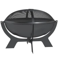 Outsunny Okrągły Kosz na Ogień z Metalu Ø54x39cm z Ochroną Przeciw Iskrom i Pogrzebaczem do Ogrodu, Balkonu Czarny(m-1)