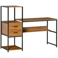 HOMCOM Secretária com Prateleiras Mesa de Computador com Múltiplas Prateleiras 2 Gavetas e Pés Ajustáveis para Escritório Estúdio 140x50x110cm Nogueira e Preto(m-1)