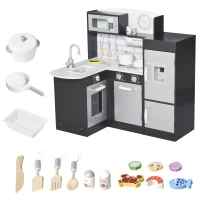 HOMCOM Cocina de Juguete para Niños de Madera con 14 Accesorios, Horno, Fregadero, Nevera y Microondas, Edad 3+ Años, 86x64x84,5 cm(m-1)