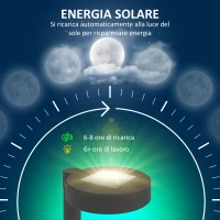 Outsunny Set 8 Faretti da Esterno a Energia Solare con Illuminazione LED a 3000K, in PP, PS e ABS, 12x10x46 cm, Nero(m-4)