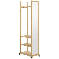 HOMCOM Espejo de Pie con Ruedas y Multi-Almacenamiento 1 Barra Perchero 3 Estantes Inferiores para Habitación de Entrada en Madera(m-1)