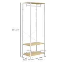 HOMCOM Perchero de Abrigos con barra y 2 estantes para zapatos 60x40x167,5 cm Aspecto Roble Claro Metal Blanco(m-3)