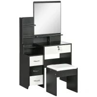HOMCOM Conjunto de tocador mesa de maquillaje con taburete acolchado gran espejo + varios estantes abiertos + 4 cajones Blanco Negro(m-1)