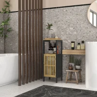 HOMCOM Mueble bajo de baño en bambú con armario 1 puerta repisa abierta 32x30x90,5 cm Negro y madera(m-2)