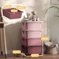 HOMCOM Cajas de Almacenamiento para Niños, 4 Cajones, Bordes Redondeados, Diseño Elevado, 37x37x76 cm, Rosa(m-3)