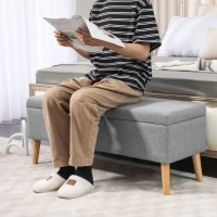 HOMCOM Banco de Poliéster con Almacenamiento Revestimiento de Lino Patas de Madera de Caucho hasta 220 kg 110x39x45 cm Gris(m-4)