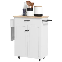 HOMCOM Carrito de cocina con ruedas plataforma de madera de hevea con cajón armario 2 puertas 83x45x91,5 cm Blanco(m-7)