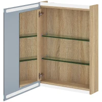 HOMCOM Armario mural baño con espejo iluminación LED y estantes de vidrio ajustables 50x12,5x70 cm Madera Natural(m-7)