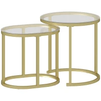 HOMCOM Conjunto de 2 mesas bajas mesas auxiliares nido encastrables estructura en acero y cristal templado transparente dorado(m-1)