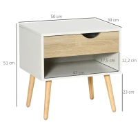 HOMCOM Mesita de Noche Mesa de Noche con cajón diseño moderno patas de madera maciza 50x39x51 cm Blanco y Madera Natural(m-3)