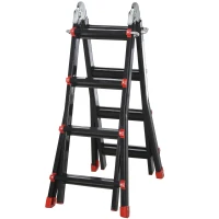 HOMCOM Escada Telescópica de Alumínio 4 m Escada Extensível Dobrável com 4 Degraus Ajustáveis Preto e Vermelho(m-1)