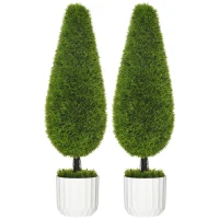 HOMCOM Conjunto de 2 Plantas Artificiales con Maceta y Musgo Artificial; Ciprés Artificial Blanco + Verde(m-1)