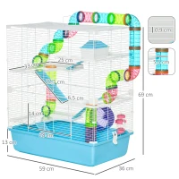 Pawhut Gaiola para Hamster Grande 59x36x69 cm 4 Plataformas Tubos Comedouro Bebedouro 4 Rampas Roda de Exercícios e 2 Alças(m-3)