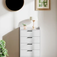 HOMCOM Cómoda de 5 cajones cómoda de habitación con correderas y manijas metálicas antivuelco 60x40x114 cm Blanco(m-4)