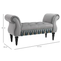 HOMCOM Banco Acolchado de Terciopelo para Pie de Cama con Apoyabrazos Patas de Madera de Caucho Gris 40x117x58 cm(m-3)