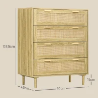 HOMCOM Cómoda 4 cajones mueble de almacenaje frente tejido de mimbre estilo bohemio 90x45x108,5 cm Aspecto Madera Clara(m-3)