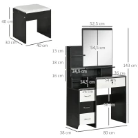 HOMCOM Conjunto de tocador mesa de maquillaje con taburete acolchado gran espejo + varios estantes abiertos + 4 cajones Blanco Negro(m-3)