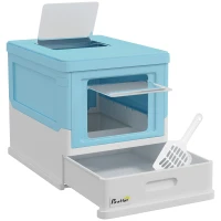 PawHut Caixa de Areia para Gatos Dobrável Caixa de Areia para Gatos Fechada com Bandeja Removível e Pá 47,5x35,5x36,7cm Azul(m-1)