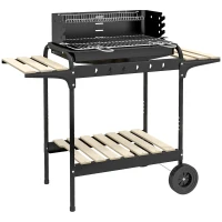 Outsunny Barbecue a Carbonella ad Altezza Regolabile con 3 Ripiani e Vassoio, in Metallo Legno, 113x53.5x82.5 cm, Nera(m-1)