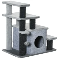 PawHut Escada para Gatos de 4 Degraus Escada para Animais de Estimação com Altura Ajustável Caverna Bola Suspensa 60x40x66cm Cinza(m-1)