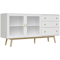 HOMCOM Aparador de Sala de Estar com 2 Portas de Vidro 3 Gavetas e Pés de Madeira de Borracha 160x40x80 cm Branco e Madeira