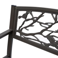 Outsunny Panchina da giardino Impermeabile Acciaio e Ghisa per Esterni, Schienale con Decorazioni Motivo Naturale, 127x60cm, Marrone(m-9)