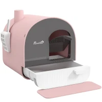 PawHut Caixa de Areia para Gatos com Porta Dianteira Bandeja Removível Pá Tapete e Filtro 43x44x47 cm Rosa(m-1)