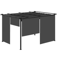 Outsunny Pérgola de Jardim com Teto Retrátil 4 Cortinas Enroláveis de Poliéster e Estrutura de Metal 3,95x2,95 cm Cinza Escuro(m-1)