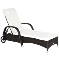 Outsunny Espreguiçadeira de Vime Jardim Espreguiçadeira com Encosto Ajustável em 5 Posições Almofadas Acolchoadas Apoio para a Cabeça e 2 Rodas 200x73x56-103cm Marrom e Bege(m-1)