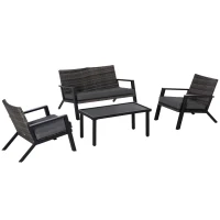 Outsunny Conjunto Móveis de Jardim Vime de 4 Peças com Sofá de 2 Lugares Poltrona Individual e Mesa de Centro Preto(m-1)