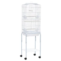 PawHut Gaiola para Passáros com Suporte  com 4 Rodas Portas 4 Comedouros 3 Poleiros e Bandeja Removível 46,5x36x157cm Branco(m-1)