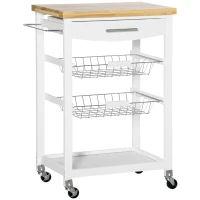 HOMCOM Carrinho de Cozinha com Rodas 1 Gaveta 2 Cestas Removíveis Prateleira Inferior Pendurar Carga 22,7kg 63x40x86cm Branco(m-1)