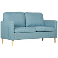 HOMCOM Sofá de 2 Lugares Estofado em Poliéster com 2 Bolsos Laterais Apoio para os Braços e Pés de Madeira 143x76x83 cm Azul(m-1)
