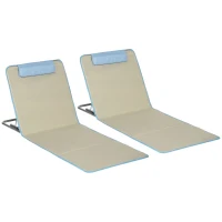 Outsunny Conjunto de 2 Esteiras de Praia Dobráveis 124x53x50cm com Encosto Ajustável e Apoio para a Cabeça Esteira de Praia Tecido Oxford Aço com Bolsa de Transporte Bege e Azul(m-1)