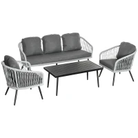Outsunny Conjunto de Móveis de Vime Conjunto de Móveis de Jardim 4 Peças Mesa de Centro de Alumínio Sofá 3 Lugares e 2 Poltronas com Almofadas para Terraço Exterior Cinza(m-1)