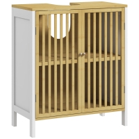 HOMCOM Móvel para Lavatório Pousar de Bambu para Casa de Banho com Porta Dupla e Prateleira Ajustável 60x30x70 cm Natural e Branco