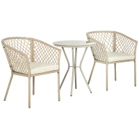 Outsunny Conjunto 3 Peças de Jardim em Vime com 2 Poltronas e 1 Mesa de Centro Redonda com Tampo de Vidro Temperado Natural e Caqui(m-1)