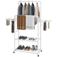 HOMCOM Charriot de Roupa com Rodas com 2 Laterais Dobáveis 2 Trilhos e 2 Prateleiras de Armazenamento 153x43,7x171 cm Branco(m-11)