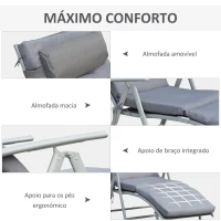 Outsunny Espreguiçadeira Dobrável de Jardim com Encosto Ajustável em 7 Posições Almofada e Apoio para a Cabeça Acolchoados para Terraço Piscina Exterior Carga Máxima 165kg 137x63,5x100,5cm Cinza(m-5)