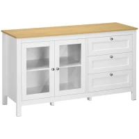 HOMCOM Aparador para Sala de Estar com 2 Portas de Vidro 3 Gavetas e Prateleira Ajustável para Cozinha Sala de Jantar 120x40x70 cm Branco e Madeira(m-1)