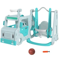 AIYAPLAY Conjunto de Escorrega e Baloiço para Crianças 6 em 1 com Buzina e Cesta de Basquetebol 201x151x87,5 cm Azul Claro(m-1)