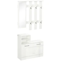 HOMCOM Móvel Cabide de Entrada com Espelho Cabide e Sapateira com 6 Ganchos e Prateleiras para 8 Pares de Sapatos Branco Brilhante(m-1)