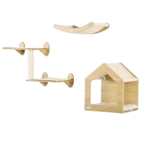 PawHut Prateleiras de Parede para Gatos 3 Peças com Caverna Rede Plataforma e Poste de Sisal Carvalho