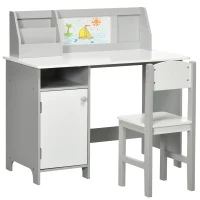 HOMCOM Conjunto de Mesa e Cadeira Infantil de Madeira com Quadro Branco Mesa de Estudo para Crianças acima de 5 Anos 90x45x85cm Cinza(m-1)
