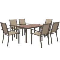 Outsunny Conjunto de Refeição de Exterior de 7 Peças Mesa e 6 Cadeiras de Jardim com Cadeiras Empilháveis e Estrutura de Aço Cáqui(m-1)
