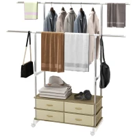 HOMCOM Charriot de Roupa com Rodas Altura Ajustável Barras Extensíveis e 4 Gavetas de Tecido  88-148x42x93-160 cm Bege(m-11)