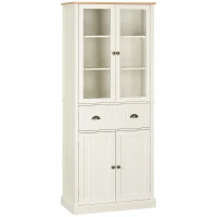 HOMCOM Armário de Cozinha com 2 Portas de Vidro 1 Gaveta e Prateleira Ajustável Móvel Auxiliar de Cozinha 76x40x182,5cm Creme(m-1)