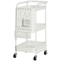 HOMCOM Carrinho de Cozinha com Rodas Carrinho de Armazenamento de 3 Níveis com 4 Ganchos 2 Cestas Alça de Transporte e Rodas com Freio para Casa de Banho Escritório Dormitório 51,5x32x75,6cm Branco(m-11)