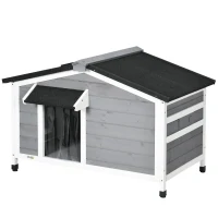 PawHut Casa para Cães de Madeira Casa para Animais de Estimação com Teto Asfáltico 2 Janelas Porta com Cortina 97x72x65 cm Cinza(m-11)